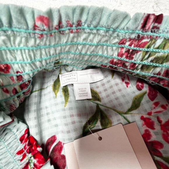 New 14th & Union Floral Off The Shoulder Top Small Printed Layered Ruffle Mint - Picture 3 of 9